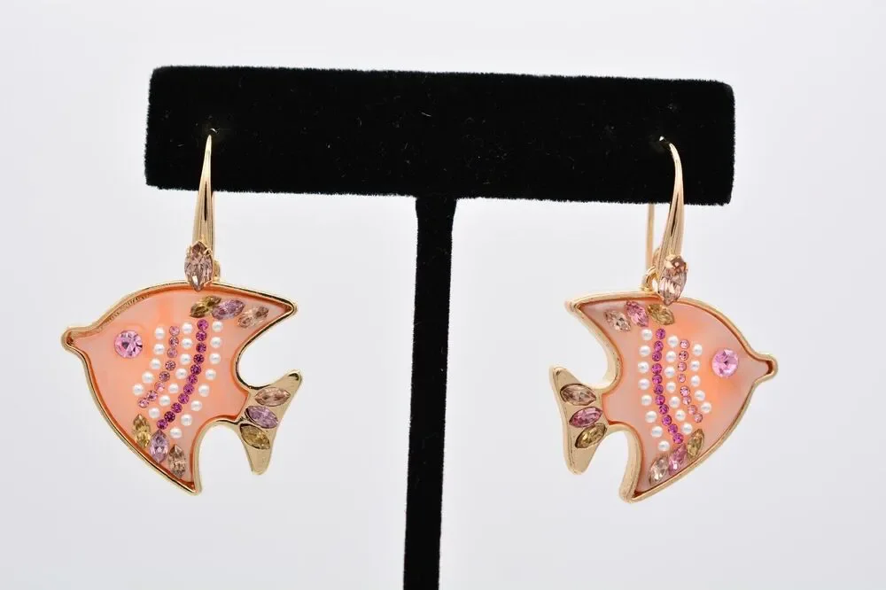Angel Fish Dangle Earrings Pink Rhinestone Crystal Gold Beach Summer Y2K BinAE